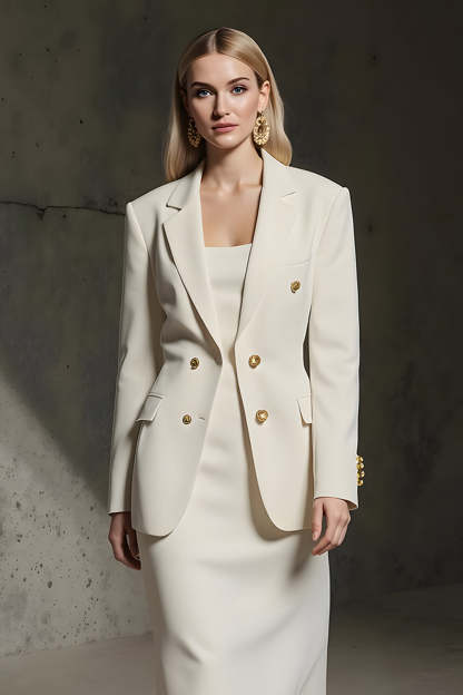 Ivory Double Breasted 2 Piece Pencil Midi Business Suits with Slit