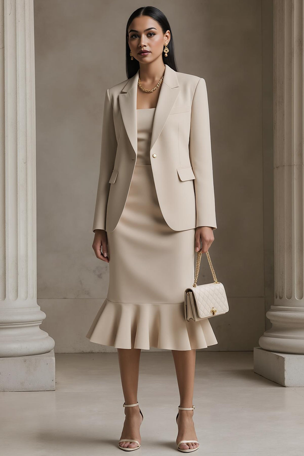 Leely Women Champagne 2 Piece Notched Lapel Business Suits with Sleeves Midi Mermaid Work Dress with Ruffles