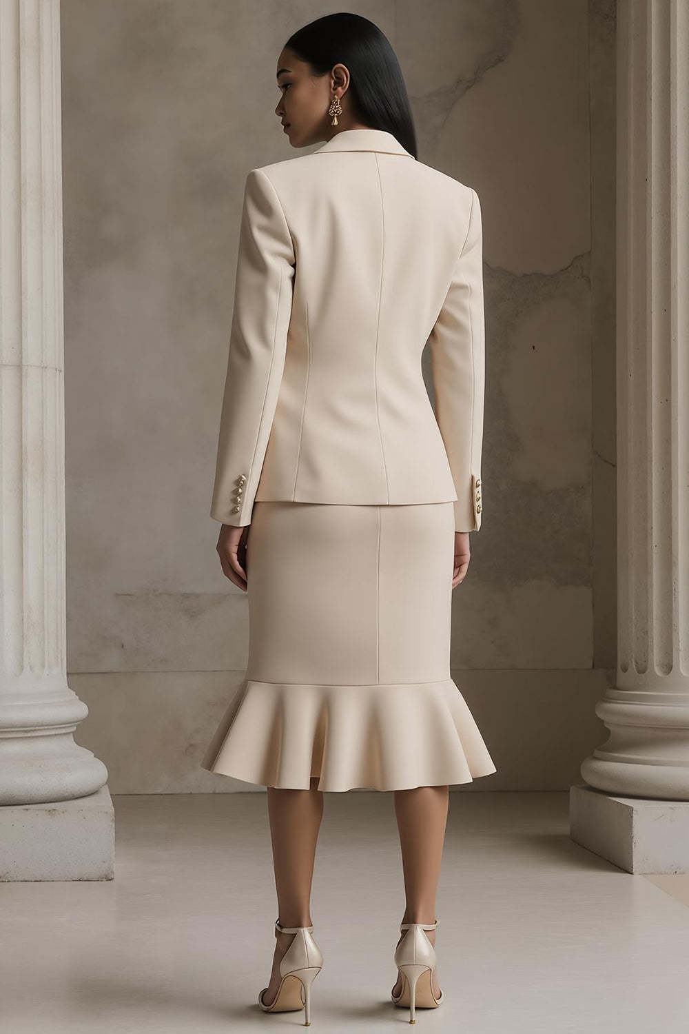 Champagne Mermaid 2 Piece Notched Lapel Midi Business Suits