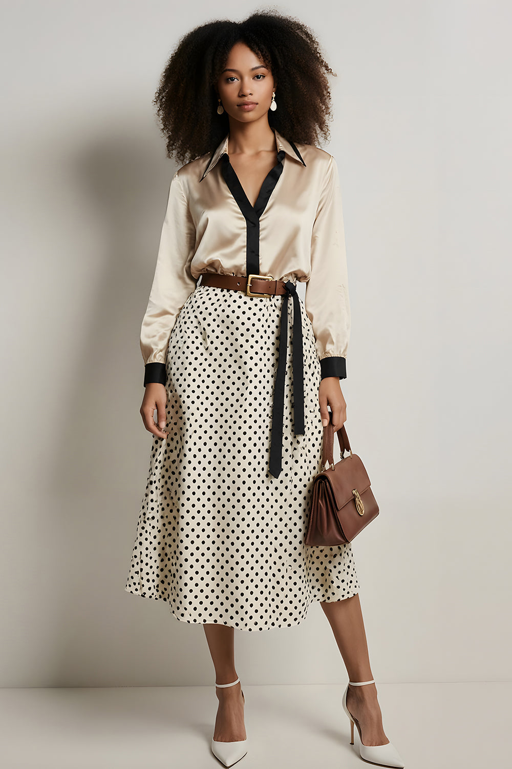 Leely Women Champagne Satin 2 Piece A-Line Midi Workwear Lapel Collar Long Sleeves Officewear