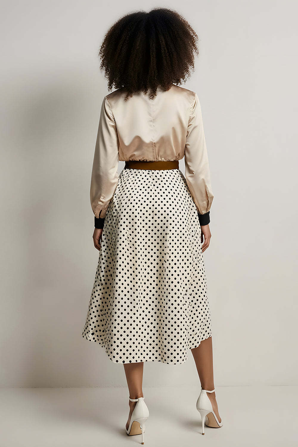 Champagne 2 Piece A-Line Satin Long Sleeves Midi Workwear