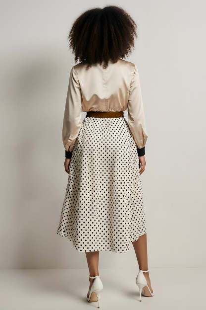 Champagne 2 Piece A-Line Satin Long Sleeves Midi Workwear