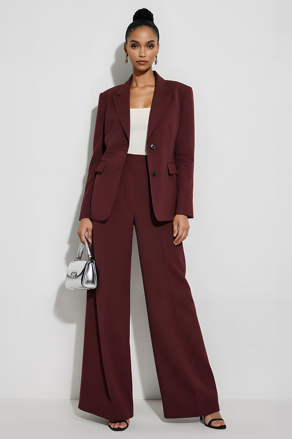 Leely Women Burgundy 2 Piece Notched Lapel Business Suits Long Sleeves Single Breasted Pantsuits