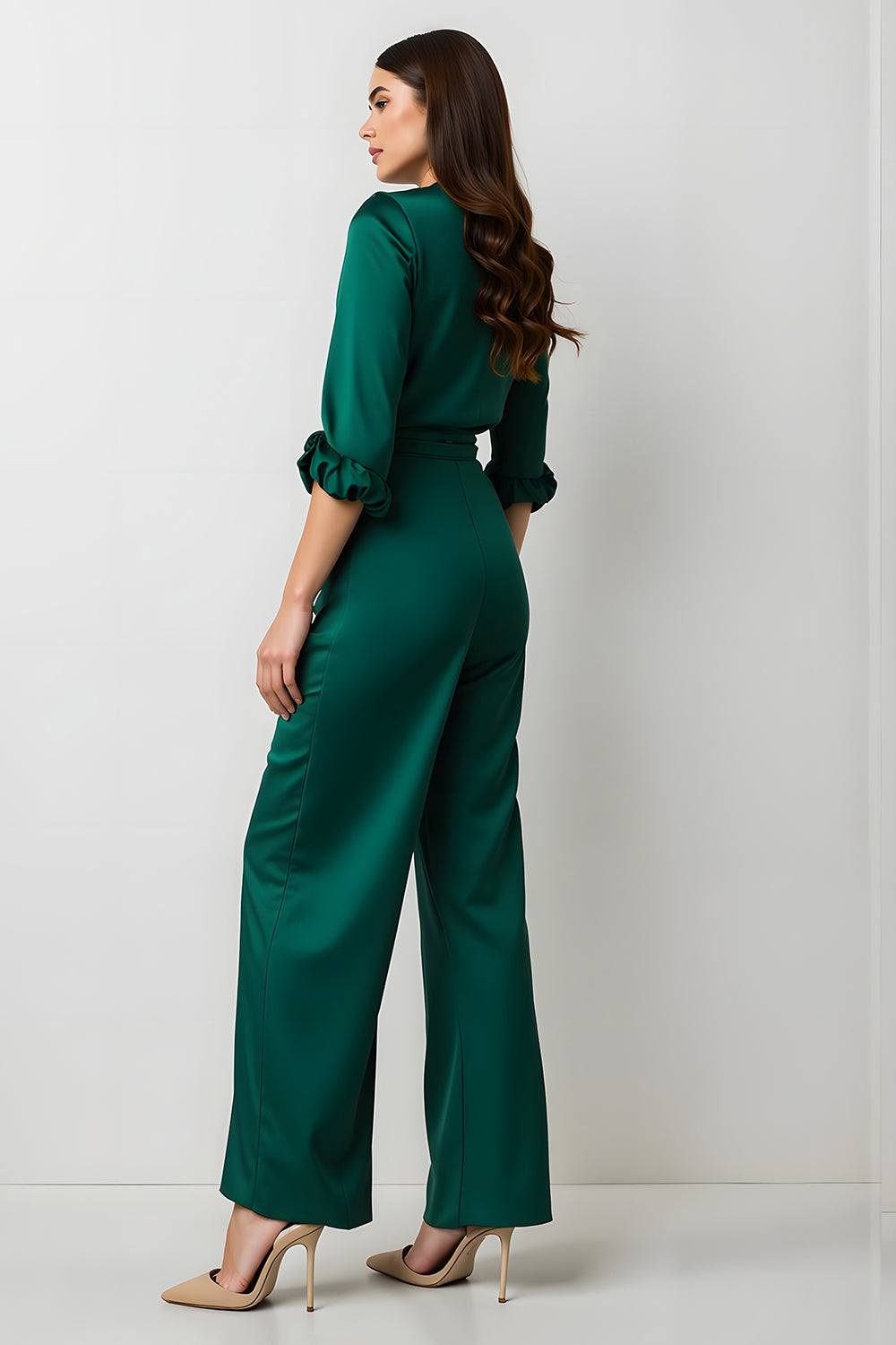 Dark Green V-Neck Satin Long Sleeves Business Jumpsuits