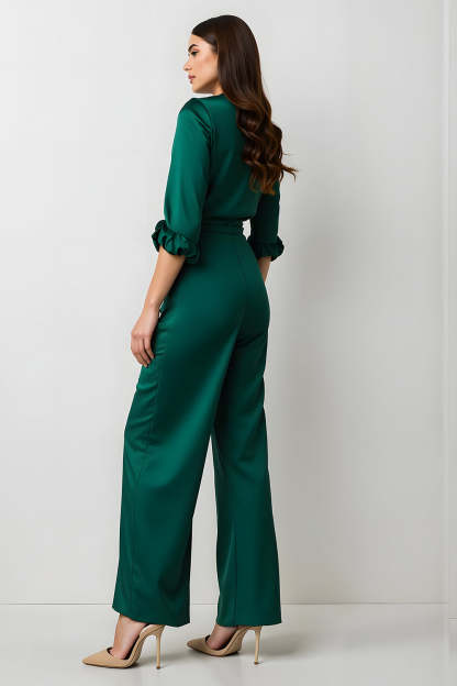 Dark Green V-Neck Satin Long Sleeves Business Jumpsuits