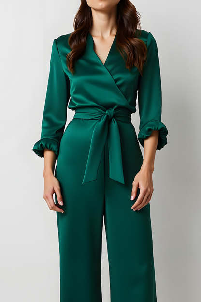 Dark Green V-Neck Satin Long Sleeves Business Jumpsuits