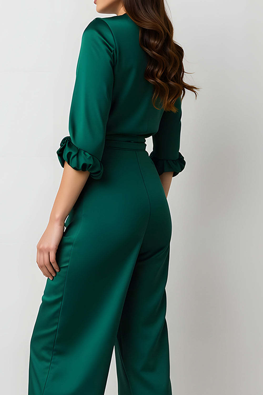Dark Green V-Neck Satin Long Sleeves Business Jumpsuits