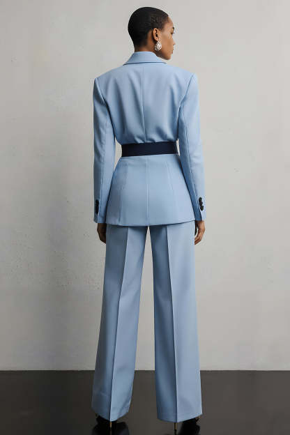 Light Blue 2 Piece Long Sleeves Peak Lapel Business Suits with Sash