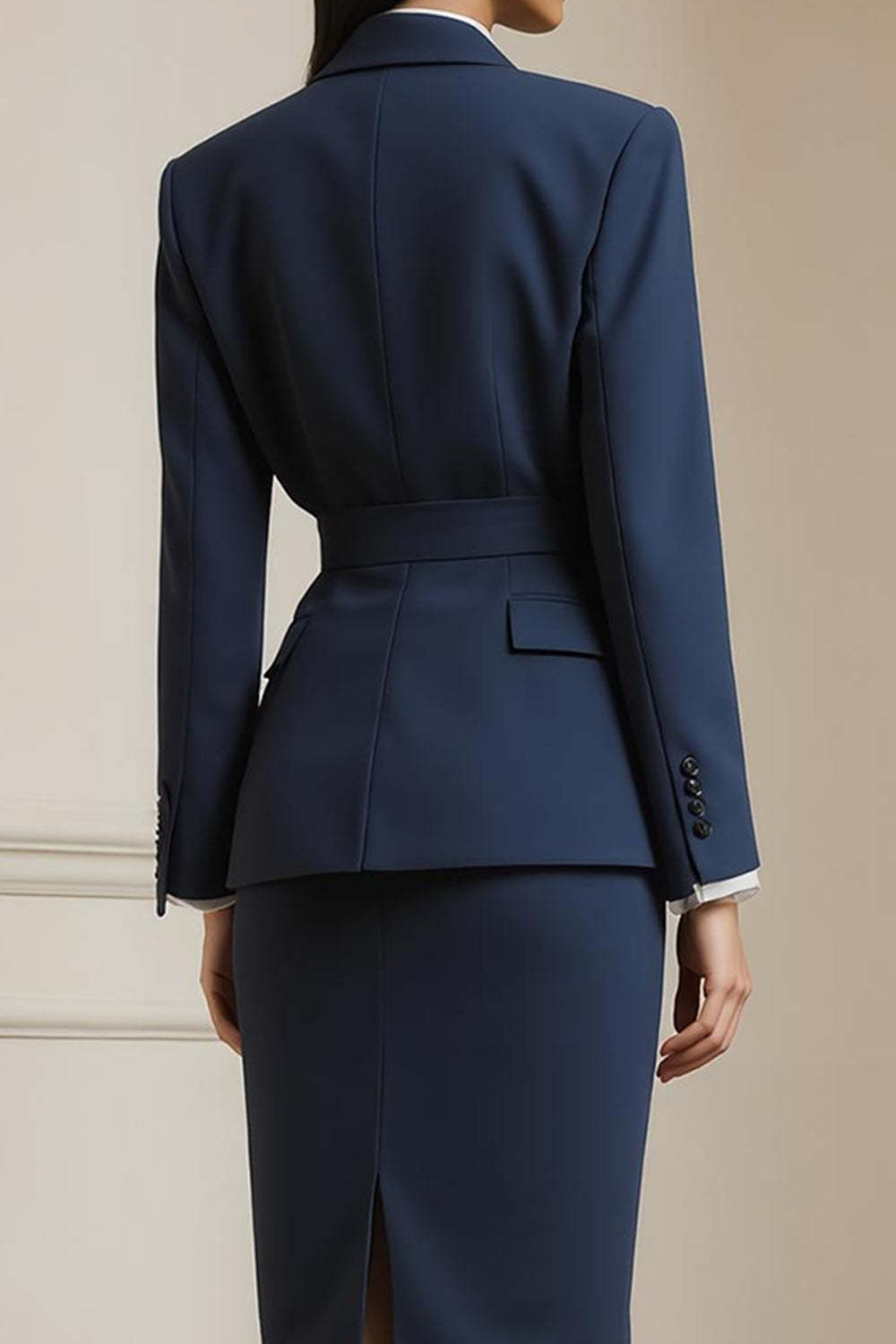 Navy 2 Piece Long Sleeves Notched Lapel Business Suits with Belt