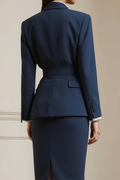 Navy 2 Piece Long Sleeves Notched Lapel Business Suits with Belt