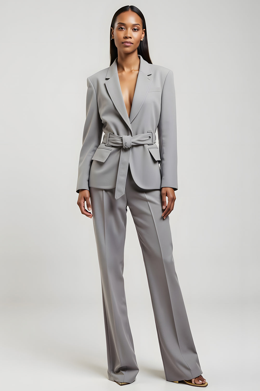 Leely Women Grey 2 Piece Notched Lapel Slim Fit Business Suits Long Sleeves Pantsuits with Belt
