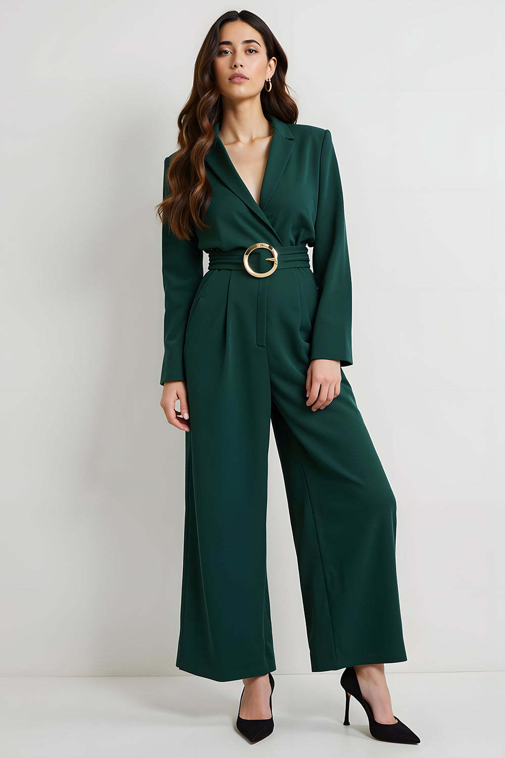 Leely Women Dark Green Notched Lapel Business Jumpsuits Workwear Long Sleeves with Belt