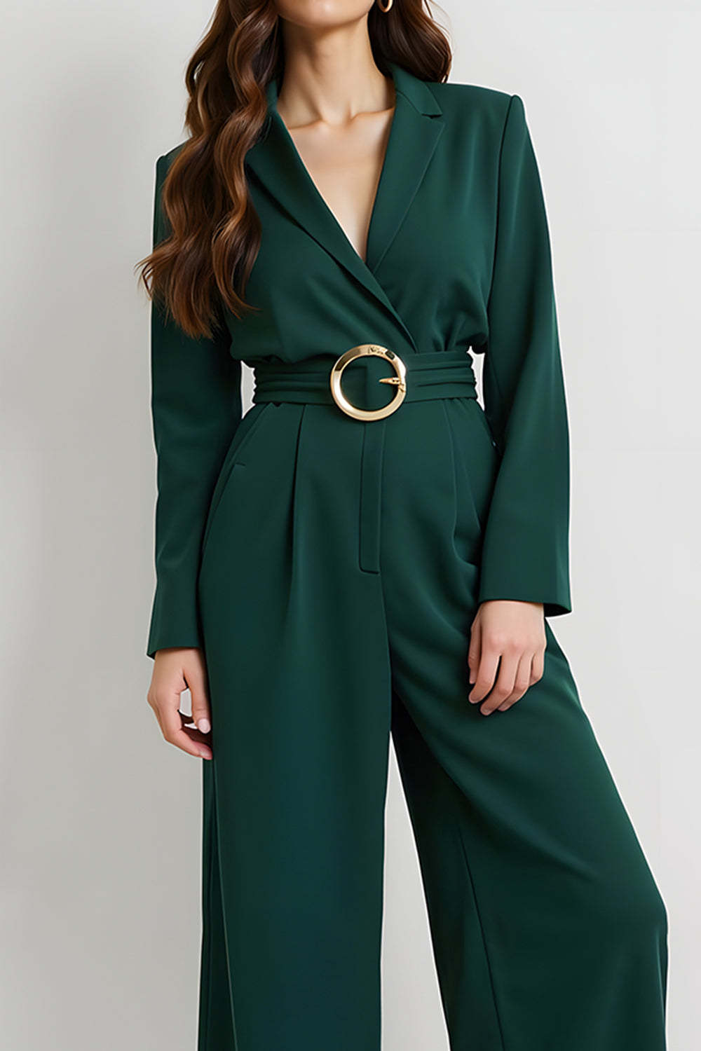 Dark Green Long Sleeves Notched Lapel Business Jumpsuits