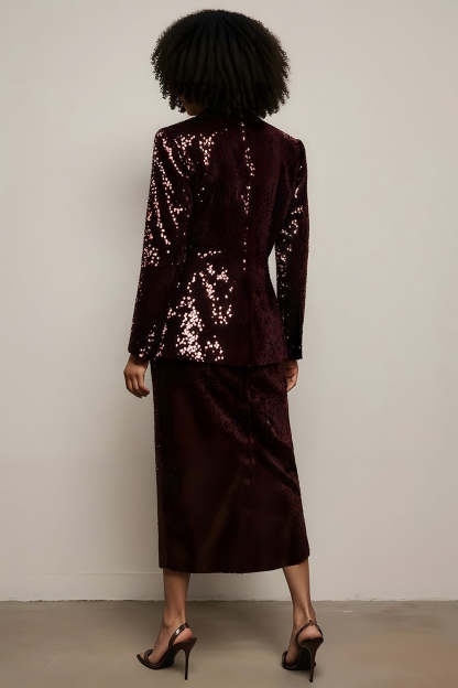 Sparkly Sequin Burgundy 2 Piece Peak Lapel Long Sleeves Prom Suits