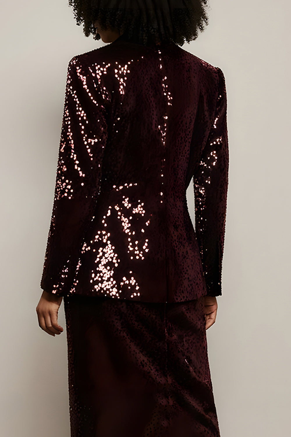 Sparkly Sequin Burgundy 2 Piece Peak Lapel Long Sleeves Prom Suits