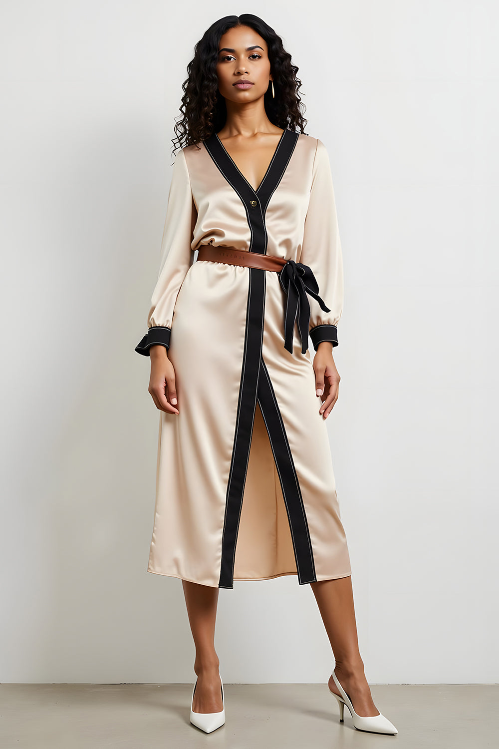 Champagne V-Neck Long Sleeves Pencil Work Dress