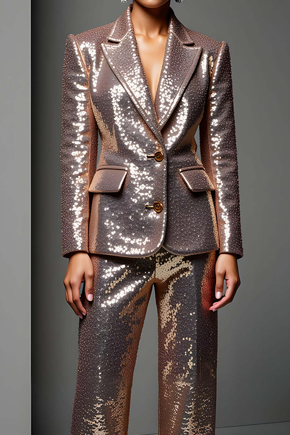 Sparkly Sequin Rose Golden 2 Piece Peak Lapel Long Sleeves Prom Suits