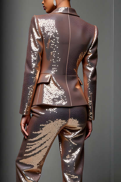 Sparkly Sequin Rose Golden 2 Piece Peak Lapel Long Sleeves Prom Suits