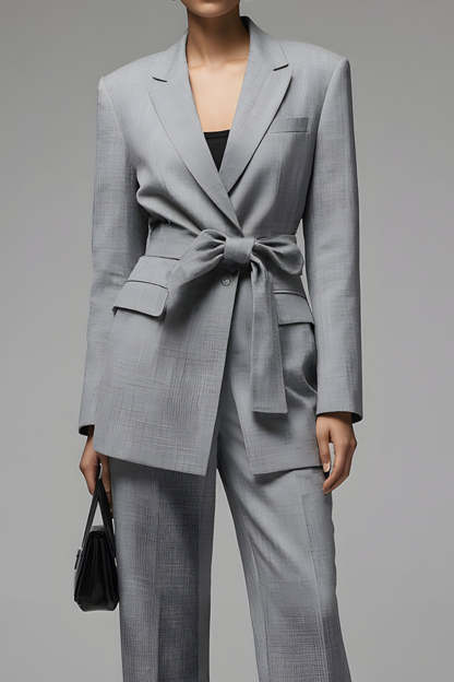 Grey 2 Piece Slim Fit Notched Lapel Long Sleeves Business Suits
