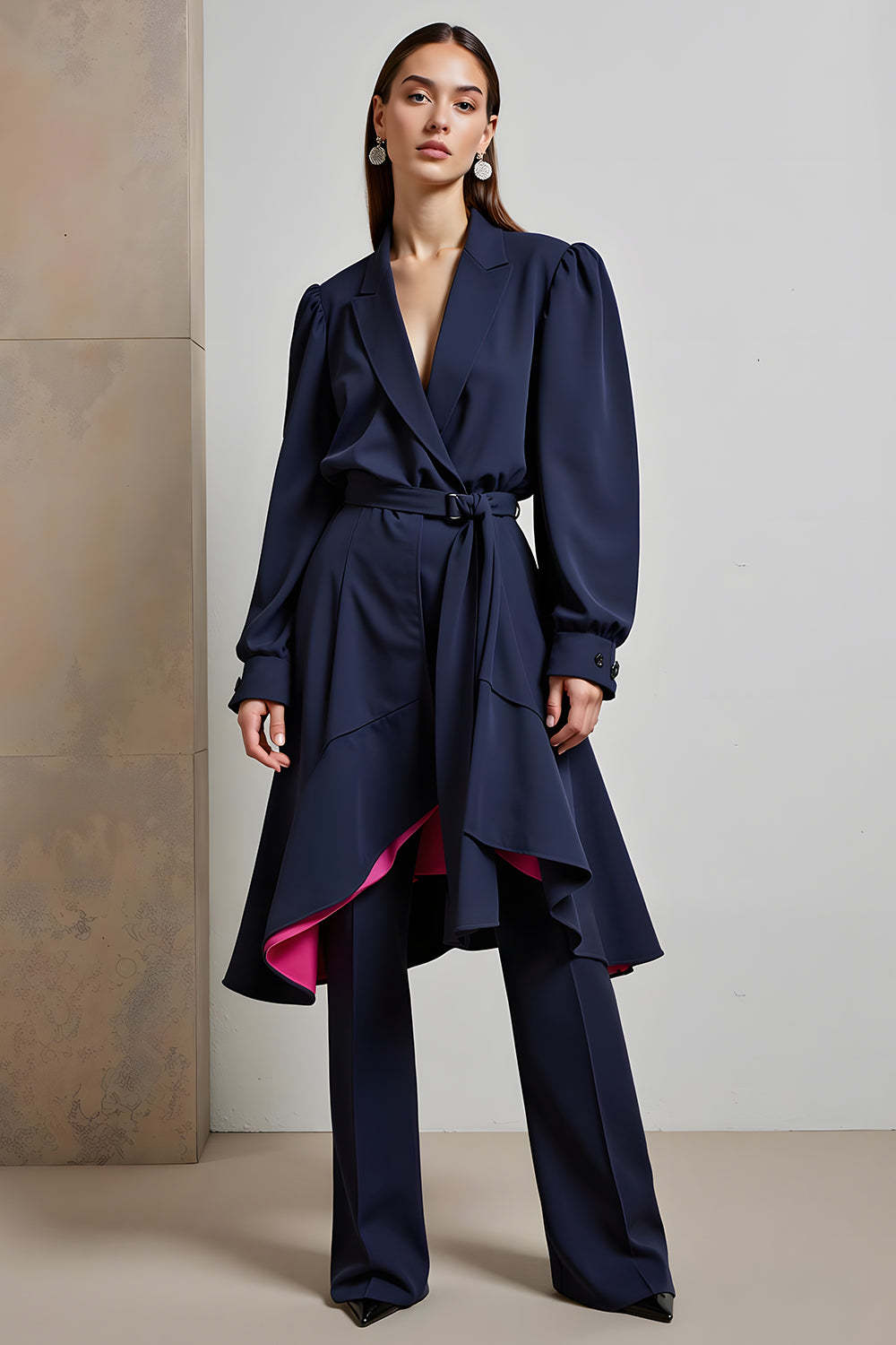 Leely Women Peak Lapel Navy 2 Piece Business Outfits Long Sleeves Loose Coat Pantsuits