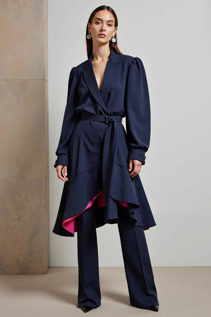 Leely Women Peak Lapel Navy 2 Piece Business Outfits Long Sleeves Loose Coat Pantsuits