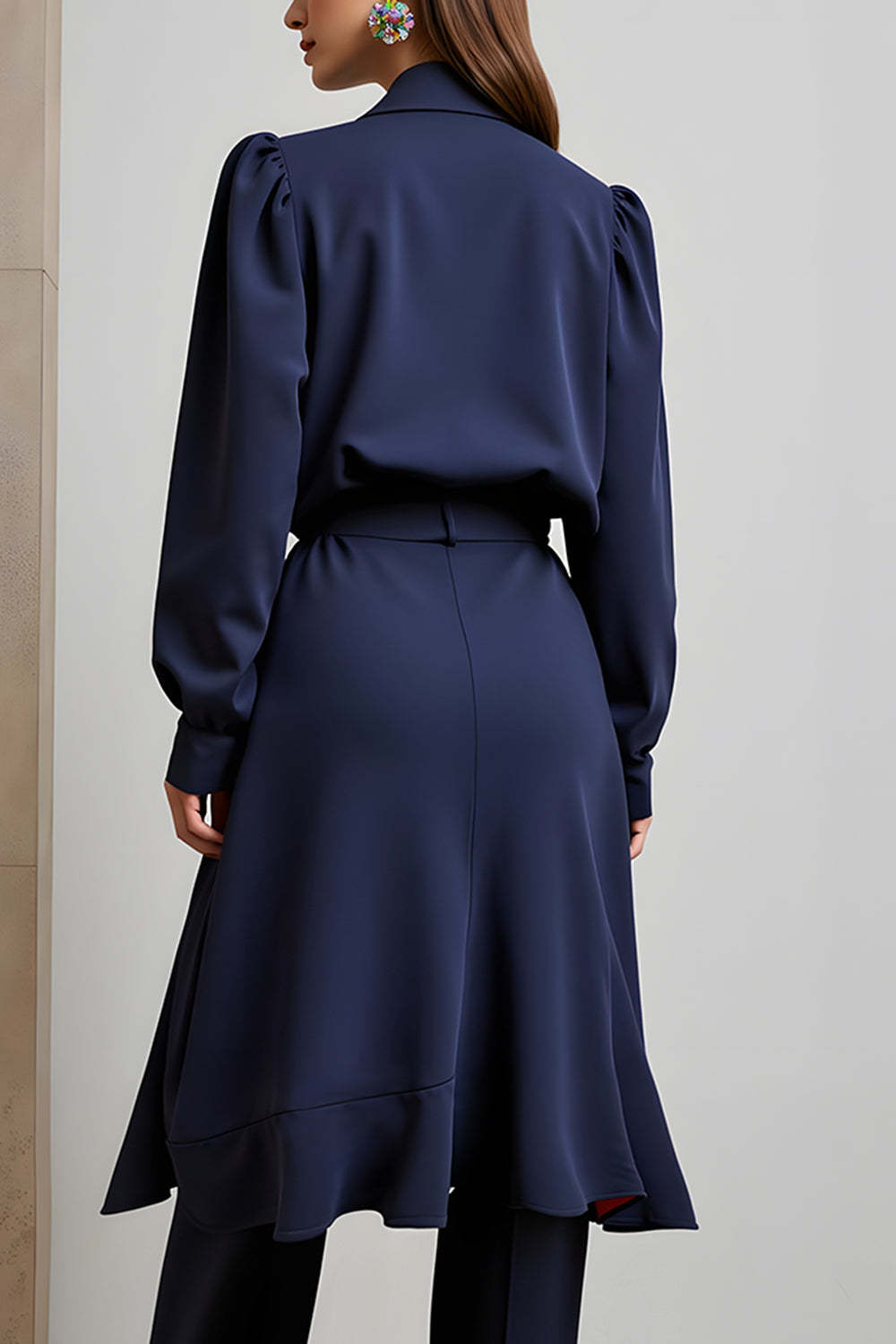 Navy 2 Piece Long Sleeves Peak Lapel Business Outfits