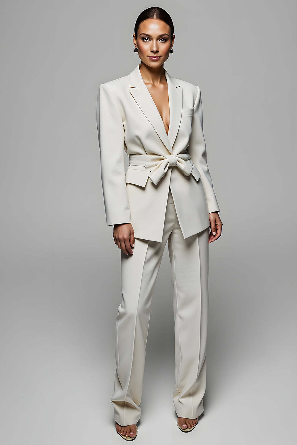 Leely Women Ivory 2 Piece Notched Lapel Business Suits Long Sleeves Pantsuits with Belt