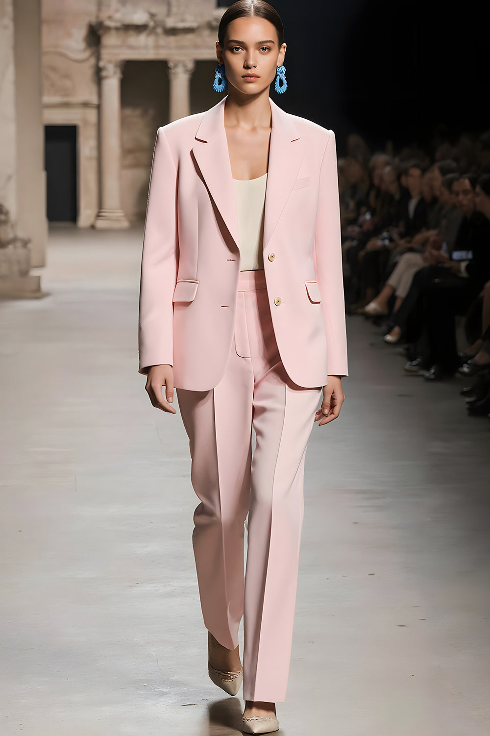 Leely Women Pink Notched Lapel 2 Piece Business Suits with Pockets Single Breasted Long Sleeves Work Pantsuits