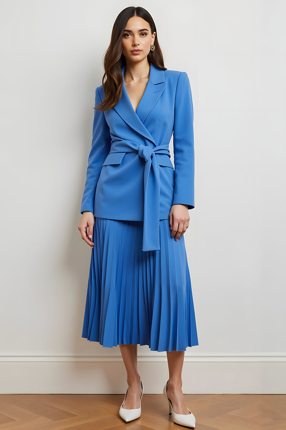 Leely Women Blue Peak Lapel 2 Piece Long Sleeves Midi Business Suits Slim Fit Pleated Dress suits
