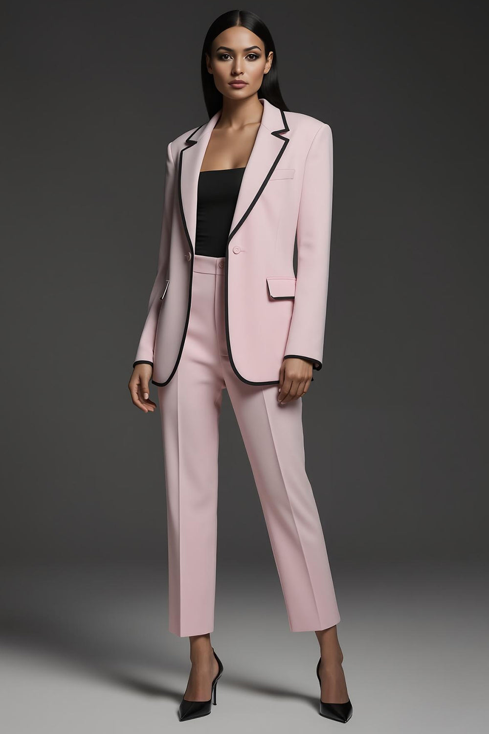 Leely Women Pink 2 Piece Business Suits with Pockets Notched Lapel Sim Fit One Button Long Sleeves Work Pantsuits