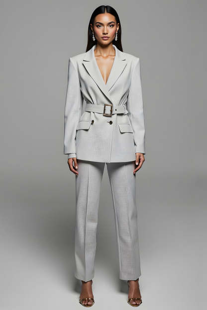 Leely Women 2 Piece Grey Notched Lapel Business Suits with Belt Long Sleeves Work Pantsuits with Pockets