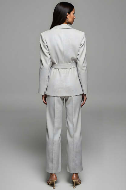 Grey 2 Piece Long Sleeves Notched Lapel Business Suits with Belt