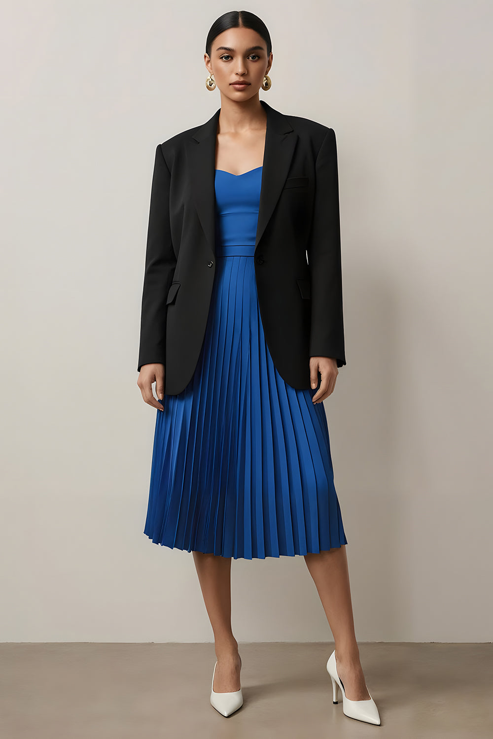 Leely Women Black and Blue 2 Piece Long Sleeves Notched Lapel Business Suits A-Line Pleated Midi Dress Suits