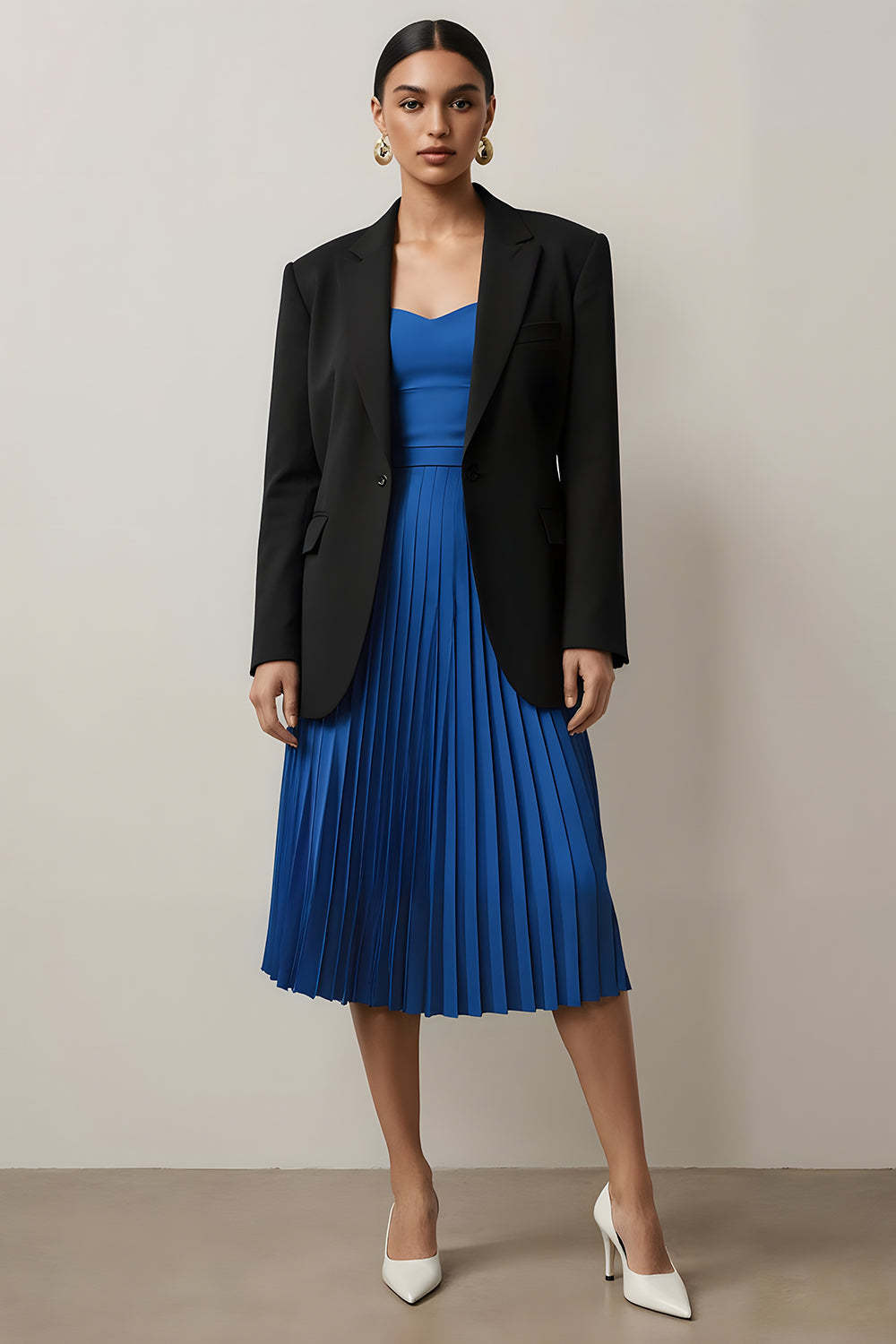 Leely Women Black and Blue 2 Piece Long Sleeves Notched Lapel Business Suits A-Line Pleated Midi Dress Suits