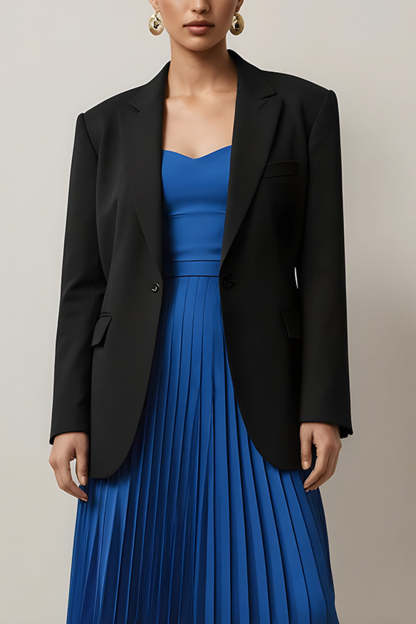 Black and Blue 2 Piece Long Sleeves Notched Lapel Pleated Midi Business Suits