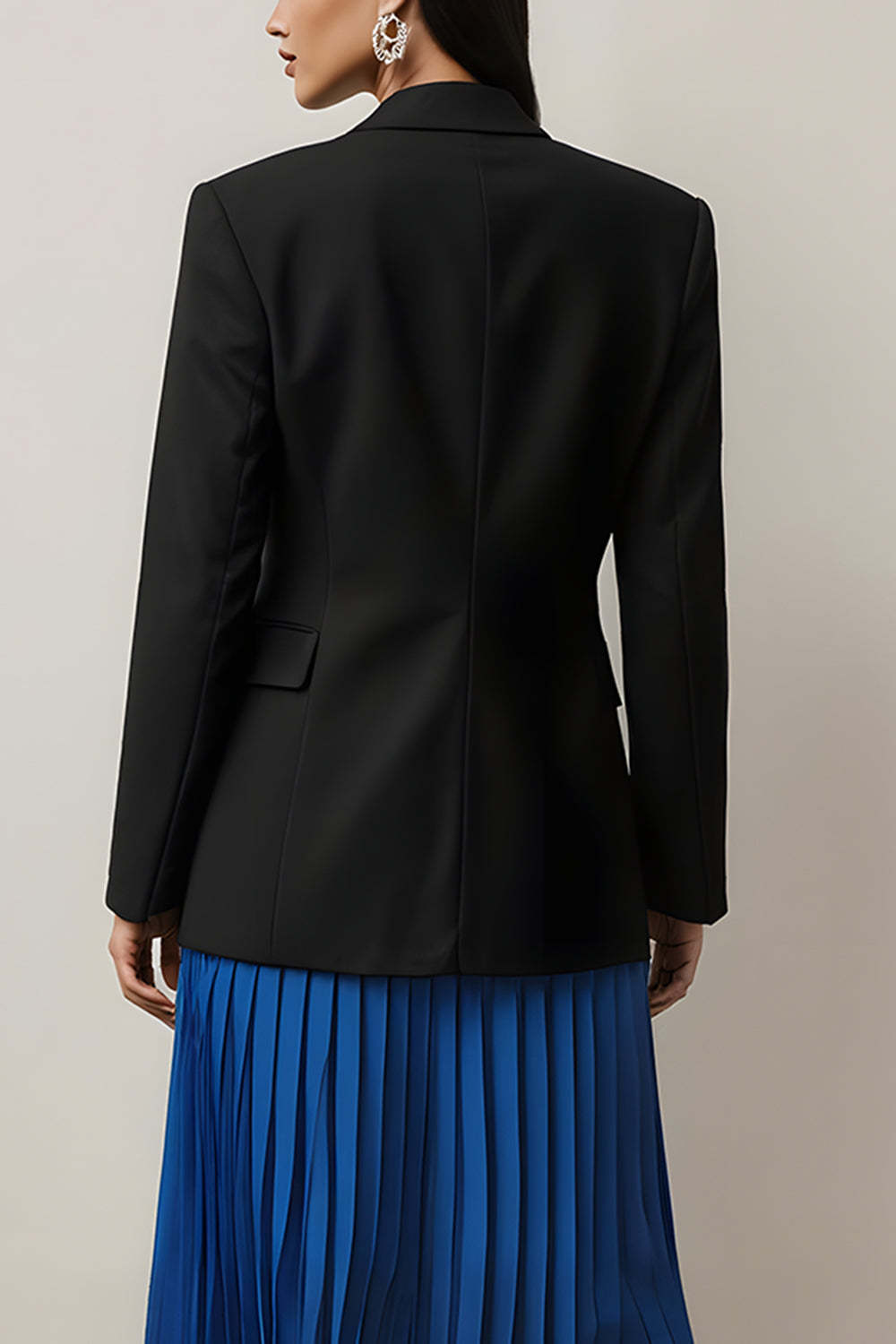 Black and Blue 2 Piece Long Sleeves Notched Lapel Pleated Midi Business Suits