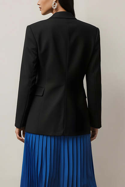 Black and Blue 2 Piece Long Sleeves Notched Lapel Pleated Midi Business Suits