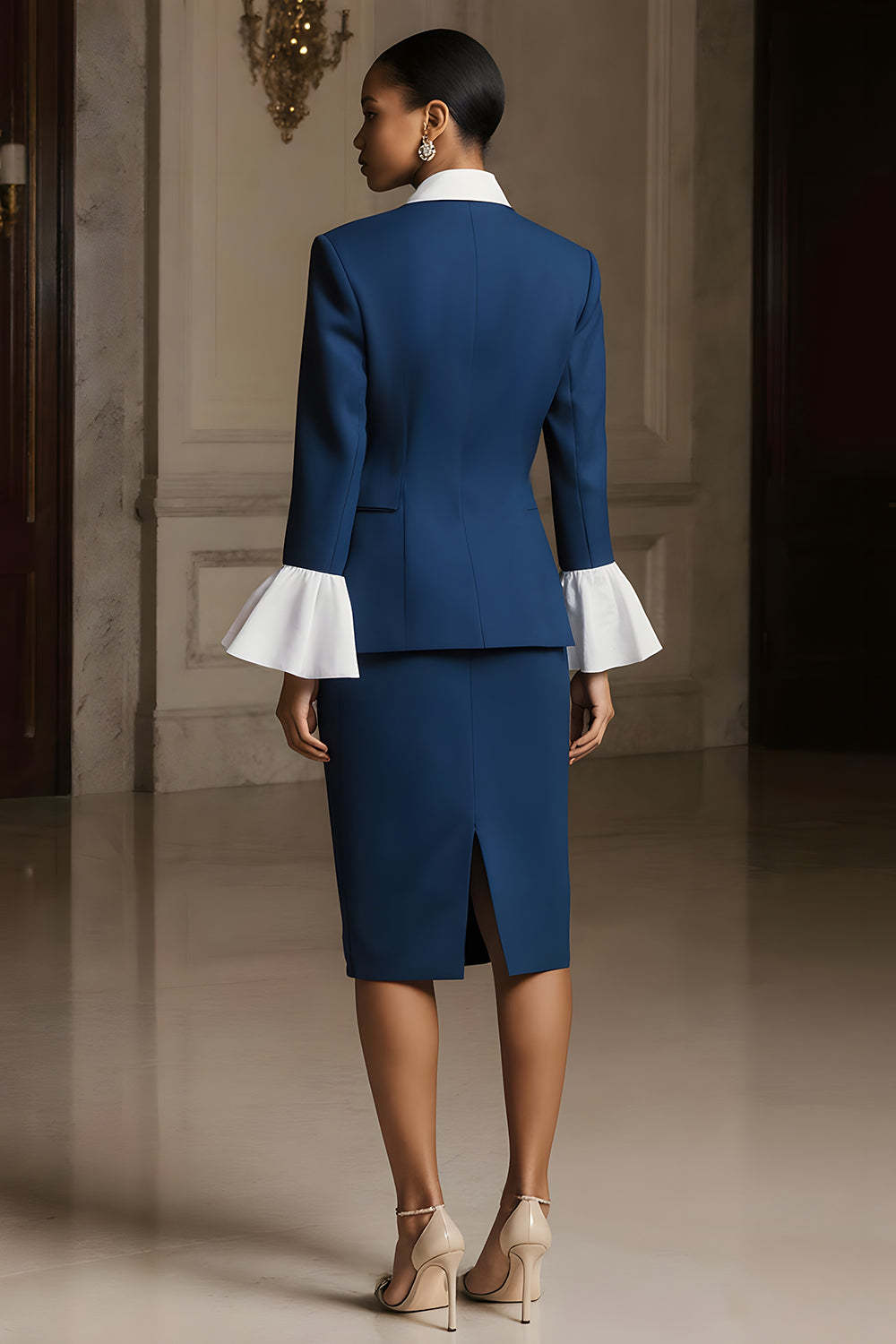 Navy Peak Lapel 3 Piece Pencil Long Sleeves Midi Business Suits