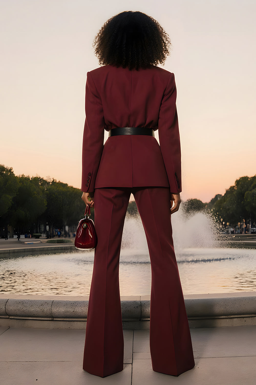 Burgundy Long Sleeves Notched Lapel Business Suits with Belt