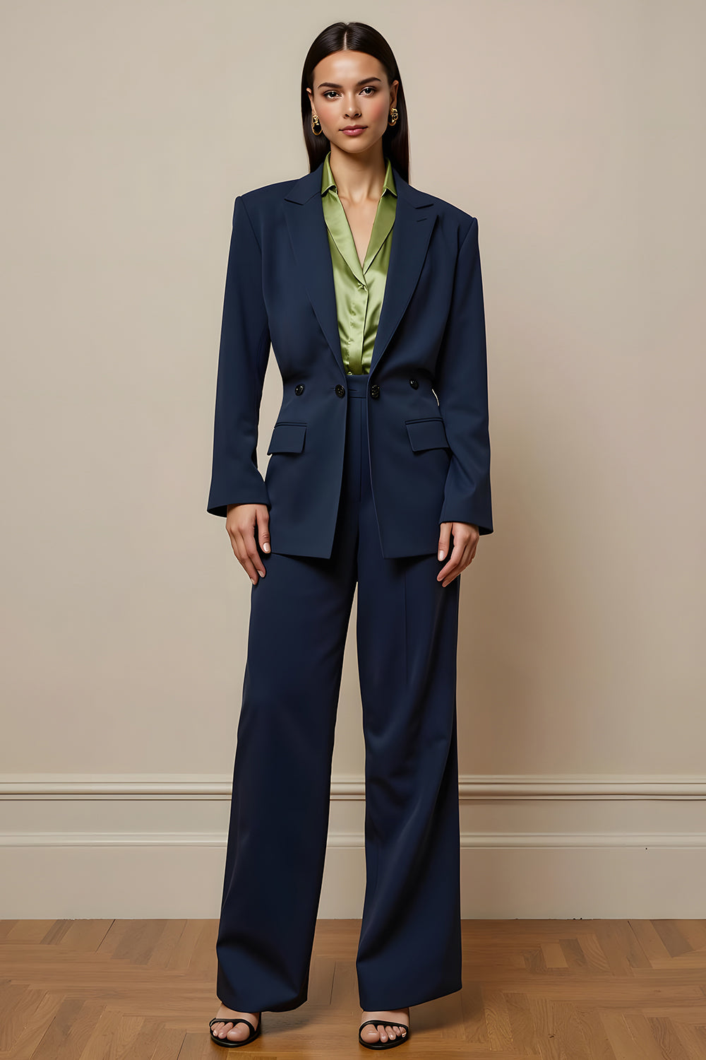 Leely Women Navy 2 Piece Business Suits Long Sleeves Notched Lapel Pantsuits with Pockets