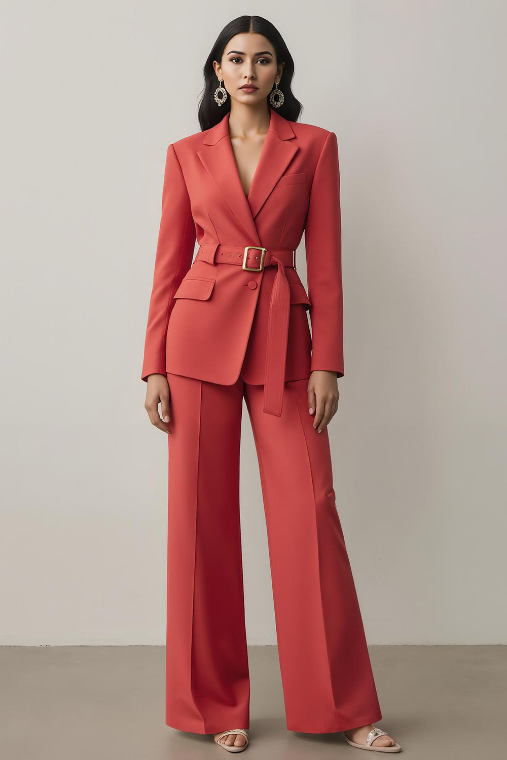 Leely Women Notched Lapel Red 2 Piece Prom Suits with Belt Long Sleeves Business Pantsuits