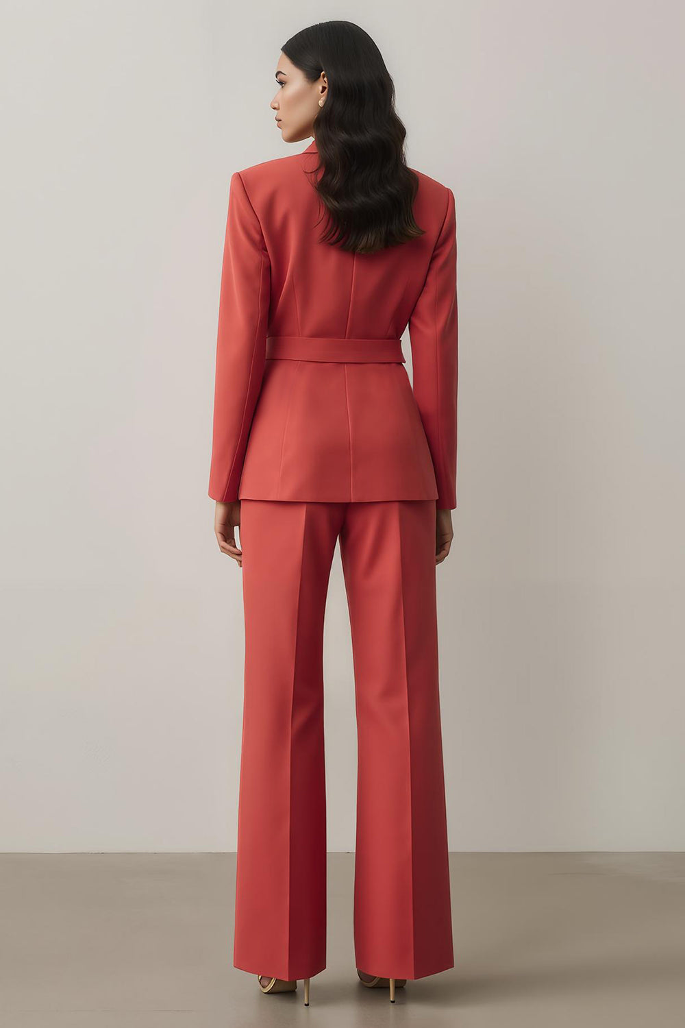 Red Long Sleeves Notched Lapel 2 Piece Prom Suits with Belt