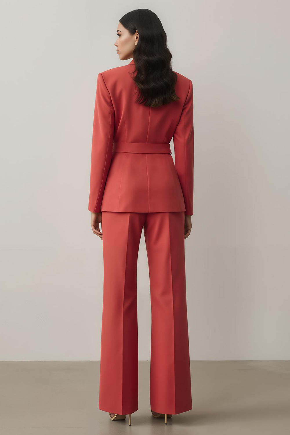 Red Long Sleeves Notched Lapel 2 Piece Prom Suits with Belt