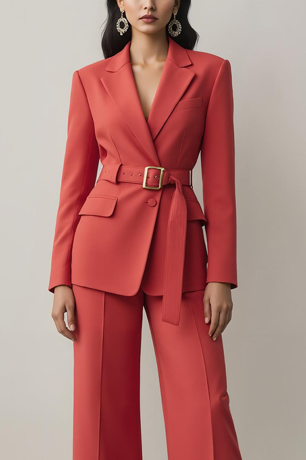 Red Long Sleeves Notched Lapel 2 Piece Prom Suits with Belt