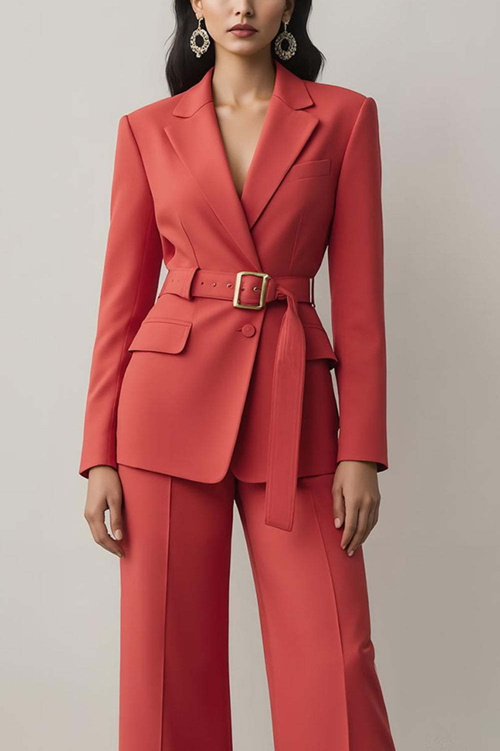 Red Long Sleeves Notched Lapel 2 Piece Prom Suits with Belt