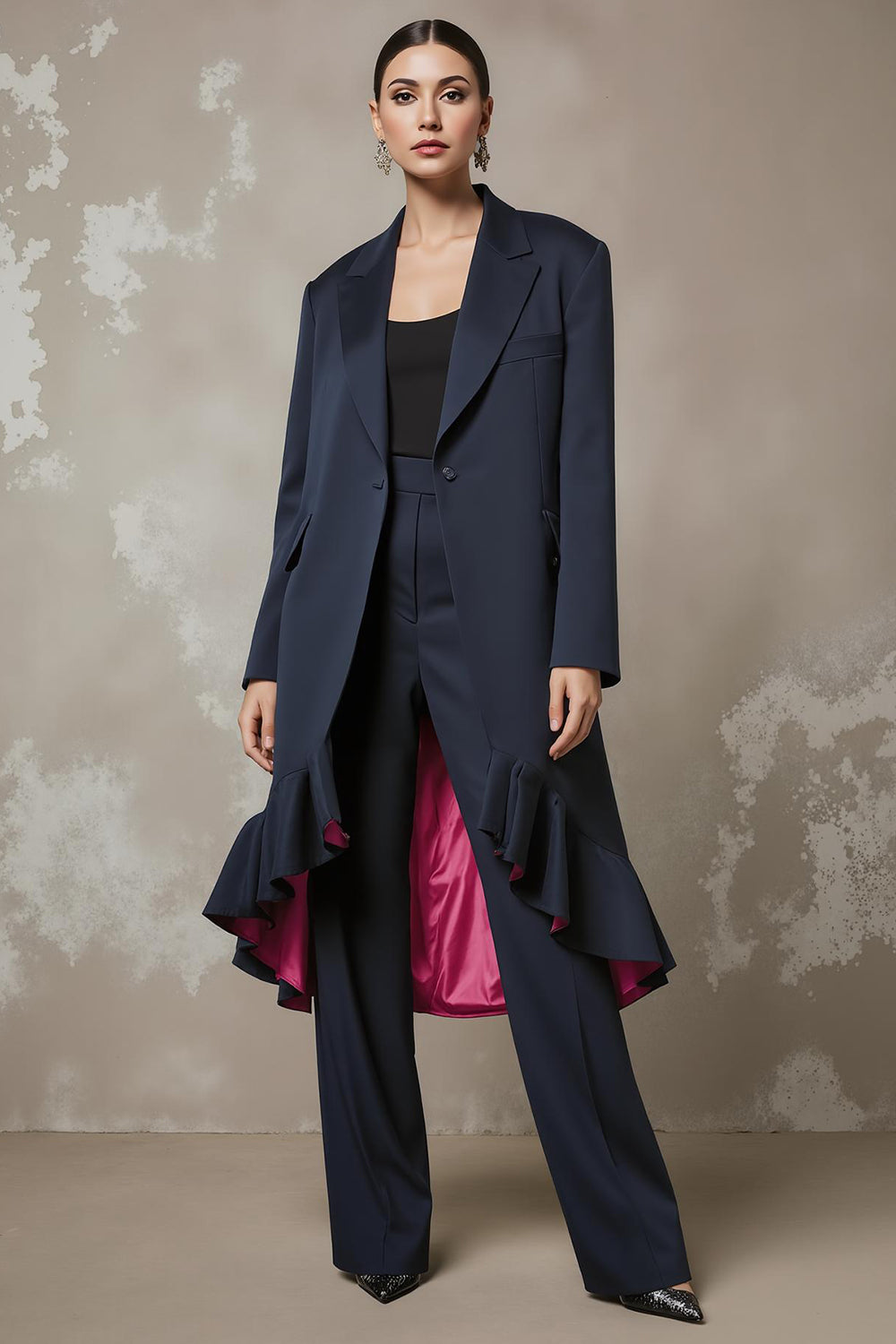 Leely Women Navy 2 Piece Notched Lapel Business Suits with Ruffles Long Sleeves One Button Prom Suits