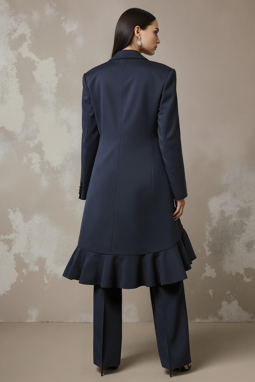 Navy 2 Piece Notched Lapel Long Sleeves Business Suits with Ruffles