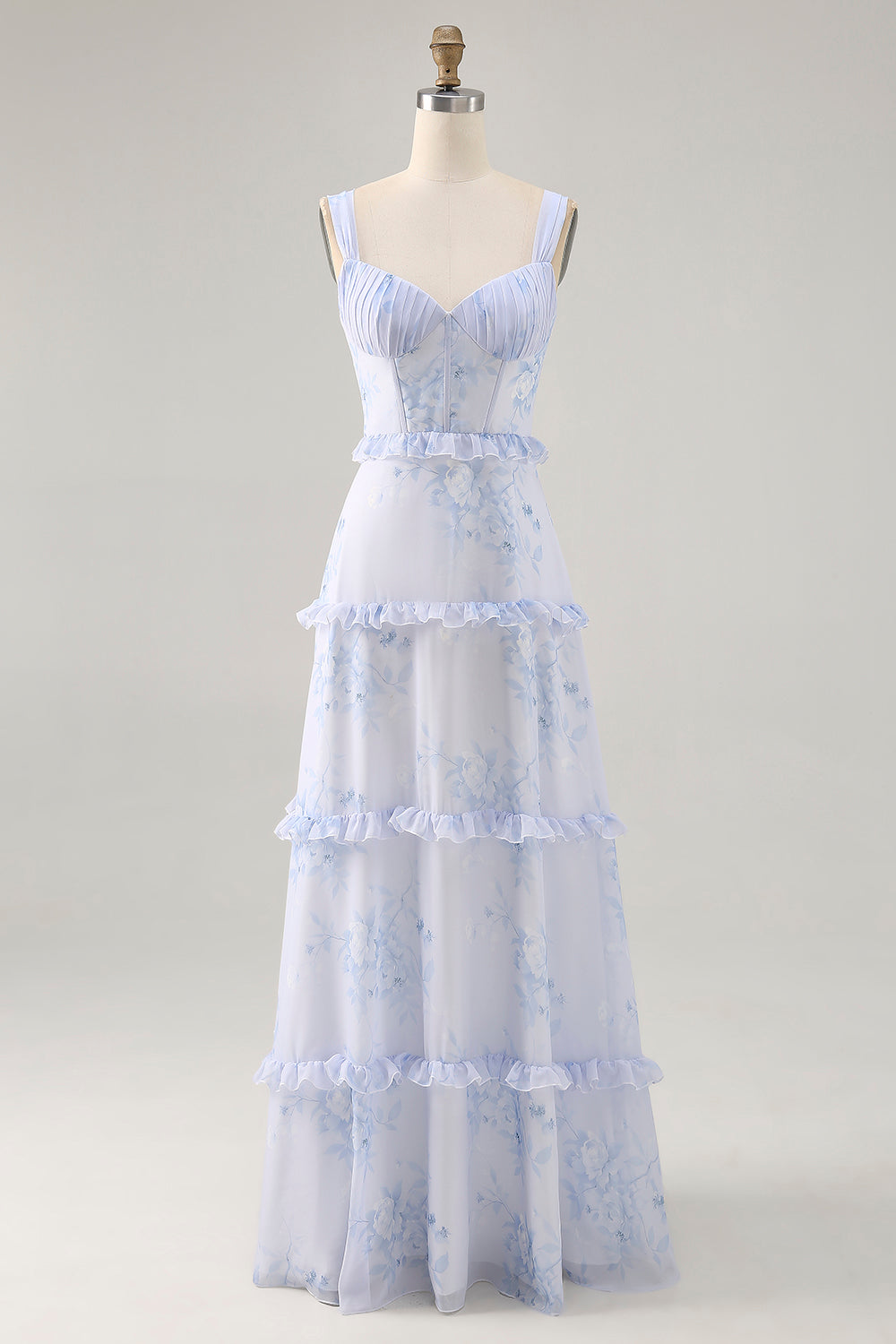 Leely Women Blue Floral Corset Maxi Wedding Guest Dress with Ruffles Chiffon Straps Ruched A Line Lace Up Back Bridesmaid Dress