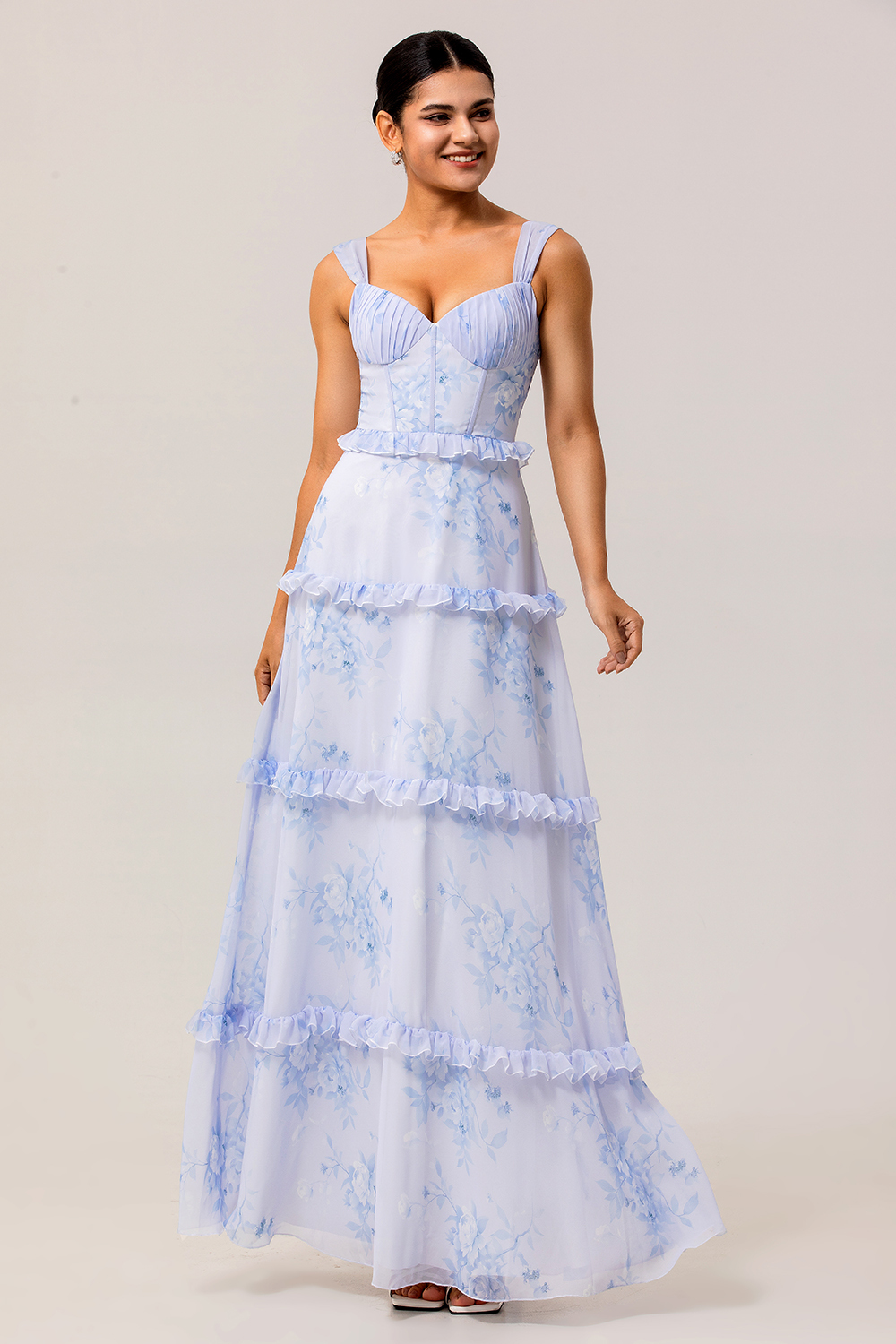 Blue Floral Chiffon Corset Tiered Maxi Wedding Guest Dress with Ruffles