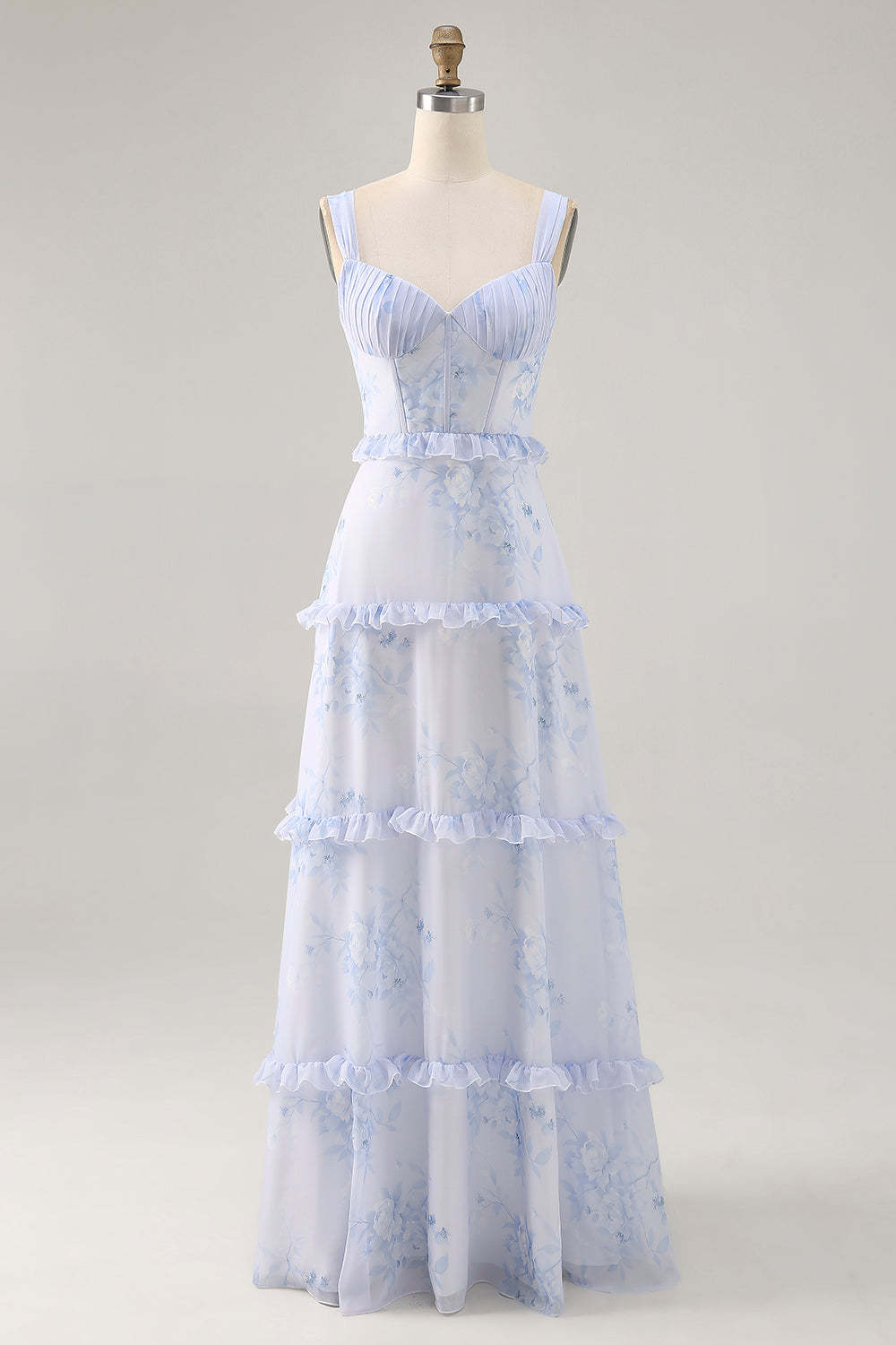 Leely Women Blue Floral Corset Maxi Wedding Guest Dress with Ruffles Chiffon Straps Ruched A Line Lace Up Back Bridesmaid Dress